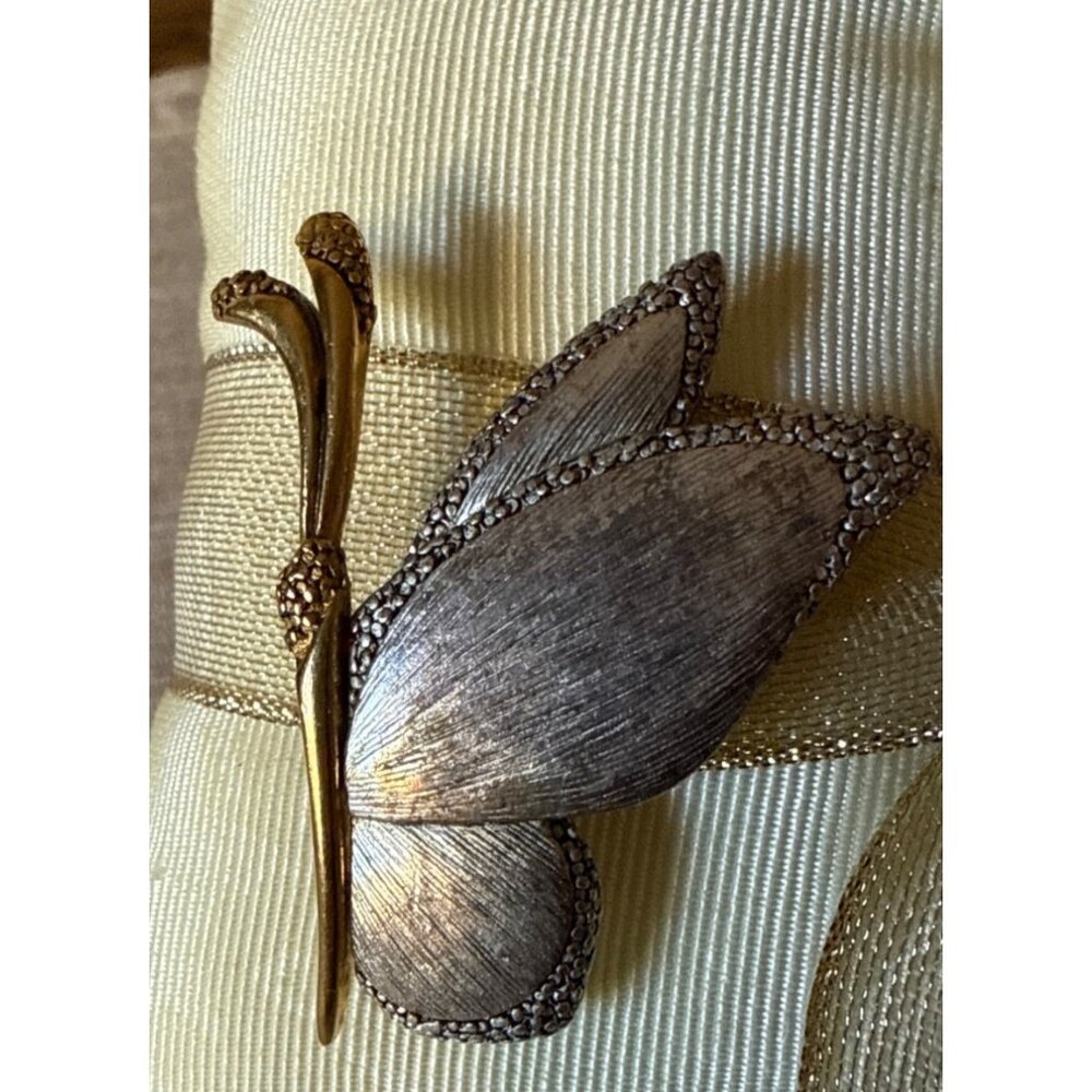 Vintage Gold & Silver Butterfly Brooch Pin Signed Pewter Brass Liz Claiborne